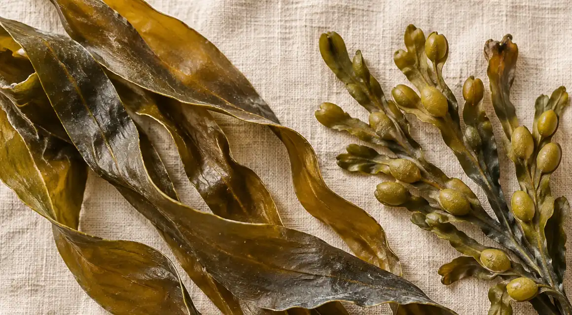 Dried kelp fronds and bladderwrack seaweed with its paired air bladders on linen