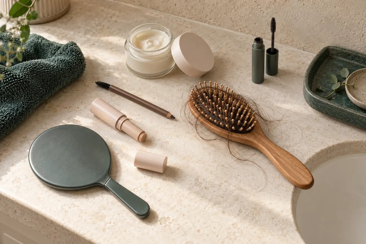 A bathroom counter in morning light: a hairbrush with shed hair, a brow pencil, a jar of moisturizer, concealer and a hand mirror lying face down