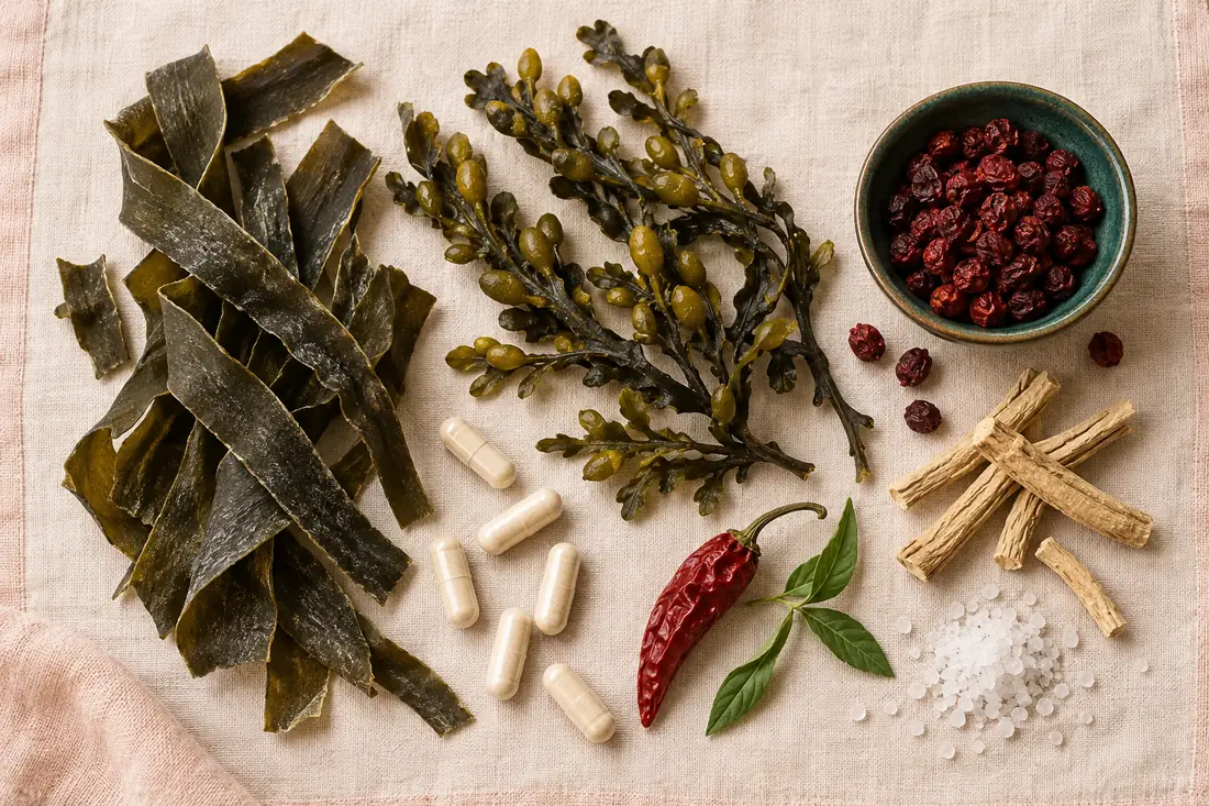 Flat-lay on pale linen: dried kelp, bladderwrack fronds, capsules, a cayenne pepper, schisandra berries and ashwagandha root