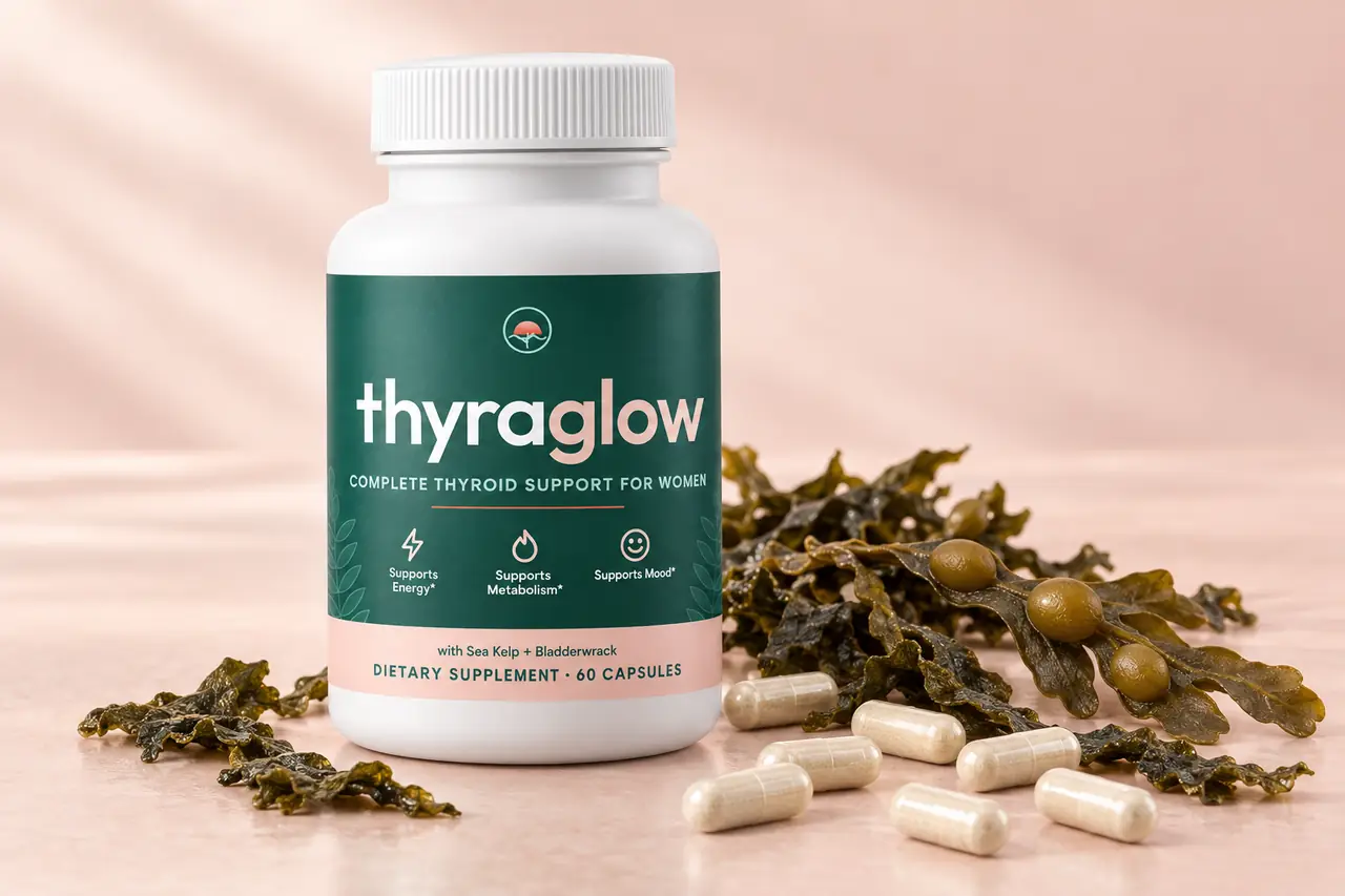 A ThyraGlow bottle in three-quarter view with kelp, bladderwrack fronds and capsules on a soft blush surface