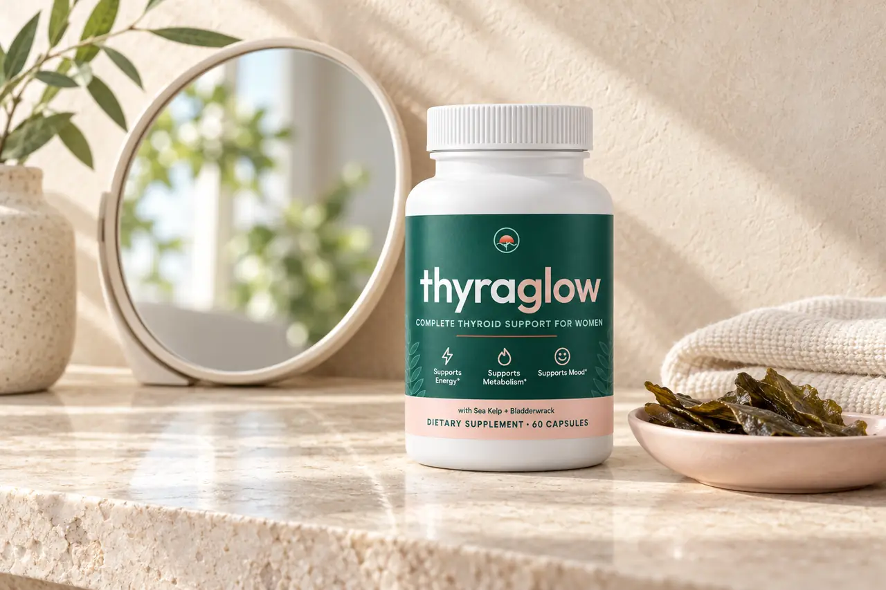 A matte white ThyraGlow Complete Thyroid Support bottle on a pale stone bathroom counter beside a round hand mirror, dried kelp and a folded towel in soft morning light
