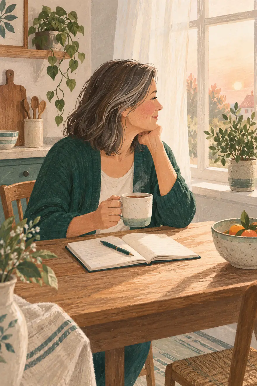 Illustration of a woman in her late forties at a kitchen table with a cup of tea and an open notebook, looking toward a sunrise window