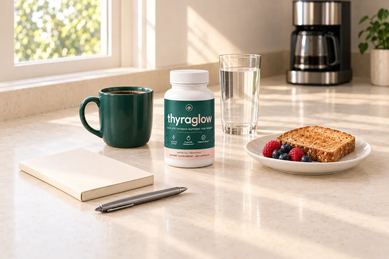 A morning routine still life: coffee, a glass of water, toast and berries, a notebook and the ThyraGlow bottle by the window